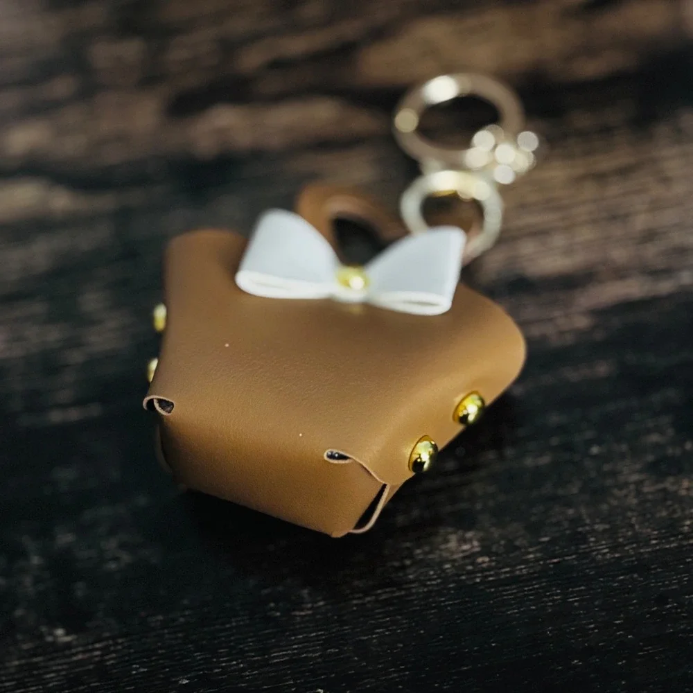 Brown Faux Leather Mini Tote Bag Keychain Charm with White Bow and Gold Studs